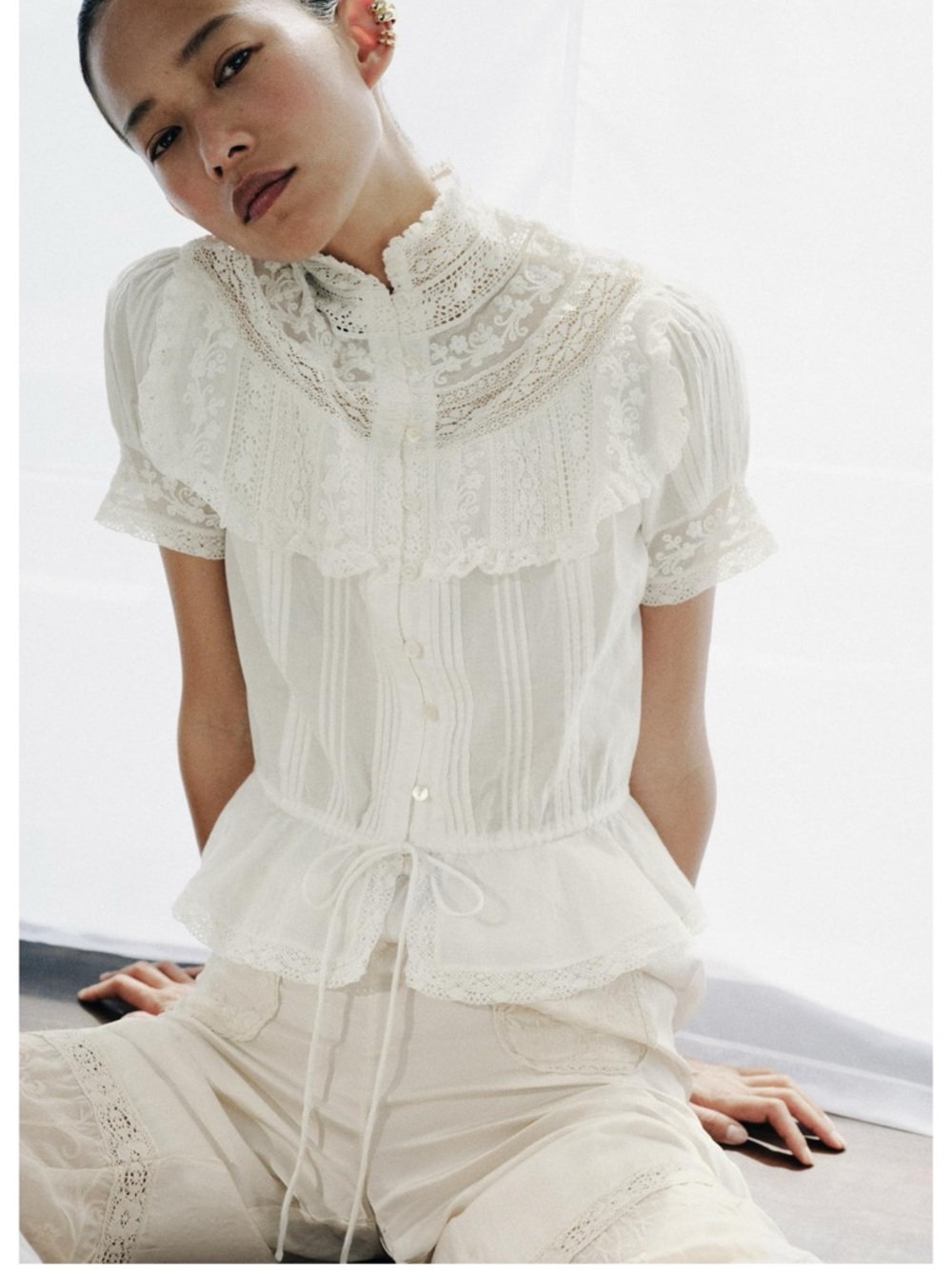 ZARA NWT Embroidered Lace Pleated Blouse Top - Picture 2 of 6